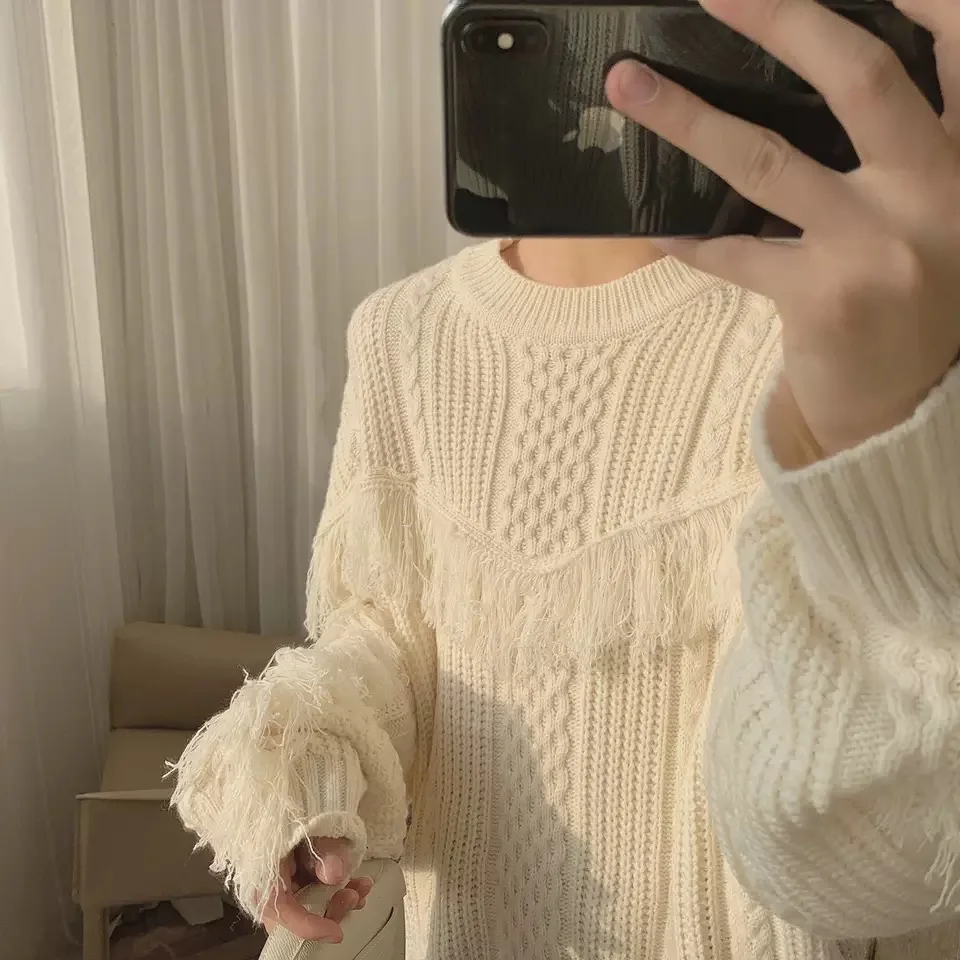 Белый вязаный свитер с бахромой женские зимние пуловеры новинка 2019 вязаные