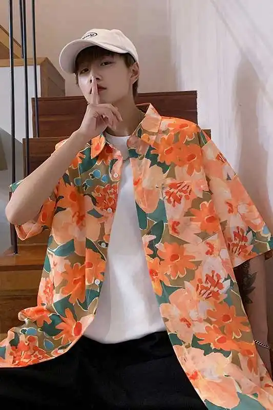 

brand shirt men's couple's Hawaiian Flower short sleeve coat fashion Korean summer quarter sleeve harajuku shirts for men 2021