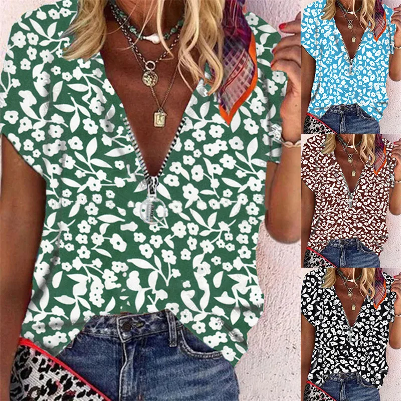 

Floral Print blouse Women 2021 Short Sleeve Zipper Shirts Summer Loose V Neck Tshirt Casual New Fashion Ladies Tops