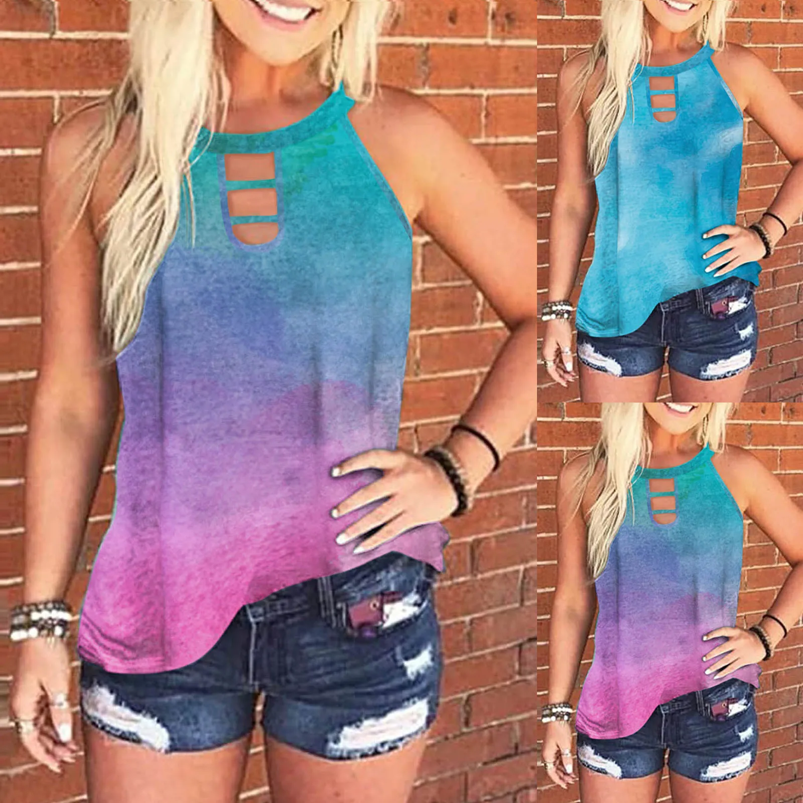 

Женская модная майка без рукавов с принтом, Повседневная летняя блузка, рубашки, персонализированная цветная рубашка с градиентным принтом