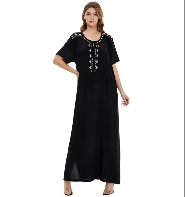 Dubai Turkish Middle Eastern Robe Bohemian Summer New Women's Muslim Islamic Skirt Abaya Short Sleeve Dress Long Robe Long Skirt