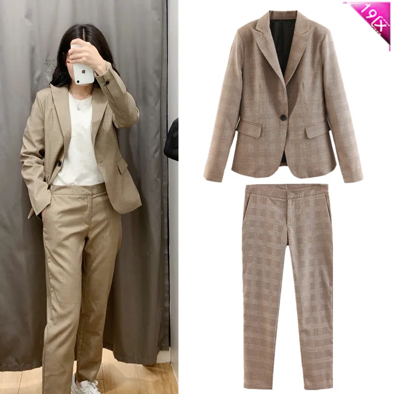 Осенний Женский приталенный пиджак в клетку прямые брюки с заниженной талией