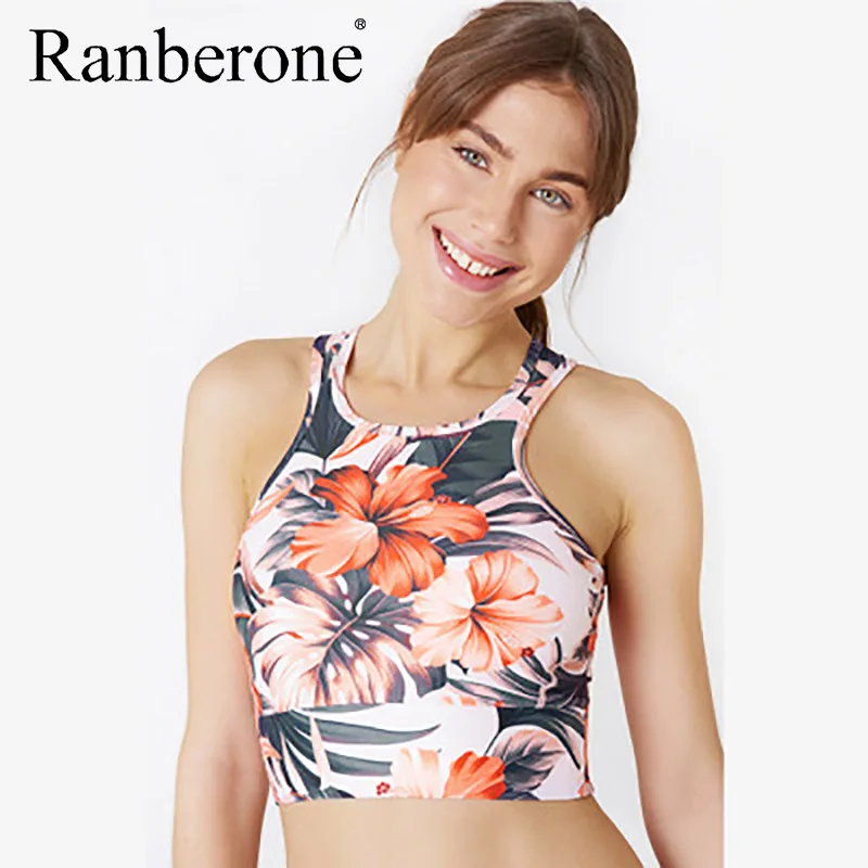 Ranberone Sport Set Women Floral Print Yoga Set Running Fitness Gym Sportswear Sleeveless Bras+Seamless Leggings Women Tracksuit
