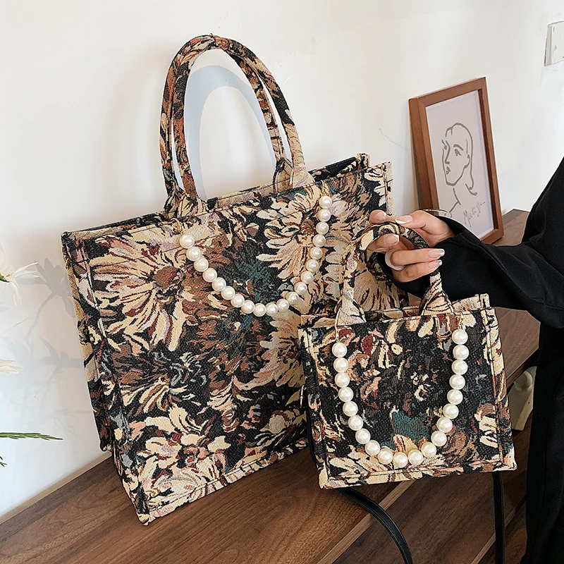 

Luxury Flowers Designer Canvas Big Tote Handbag for Women 2021 Lady Fashion Trends Brand Beading Shopper Shoulder Shopping Bag