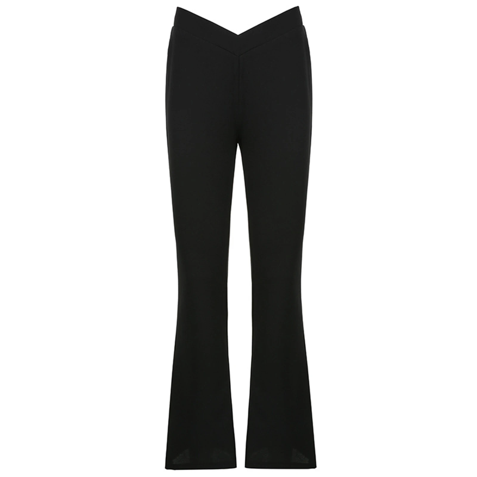 

Women Solid Color Flared Pants, Black V-shaped Low Waist Simple Style Trousers, S/ M/ L