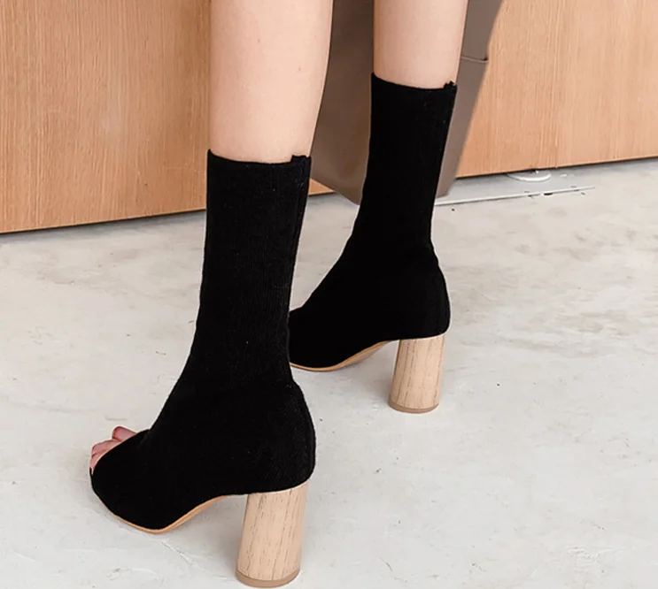 

Spring Autum New Design Women Ankle Boots Peep toe knitted Stretch Fabric Boots Sexy socks high heels Woman shoes
