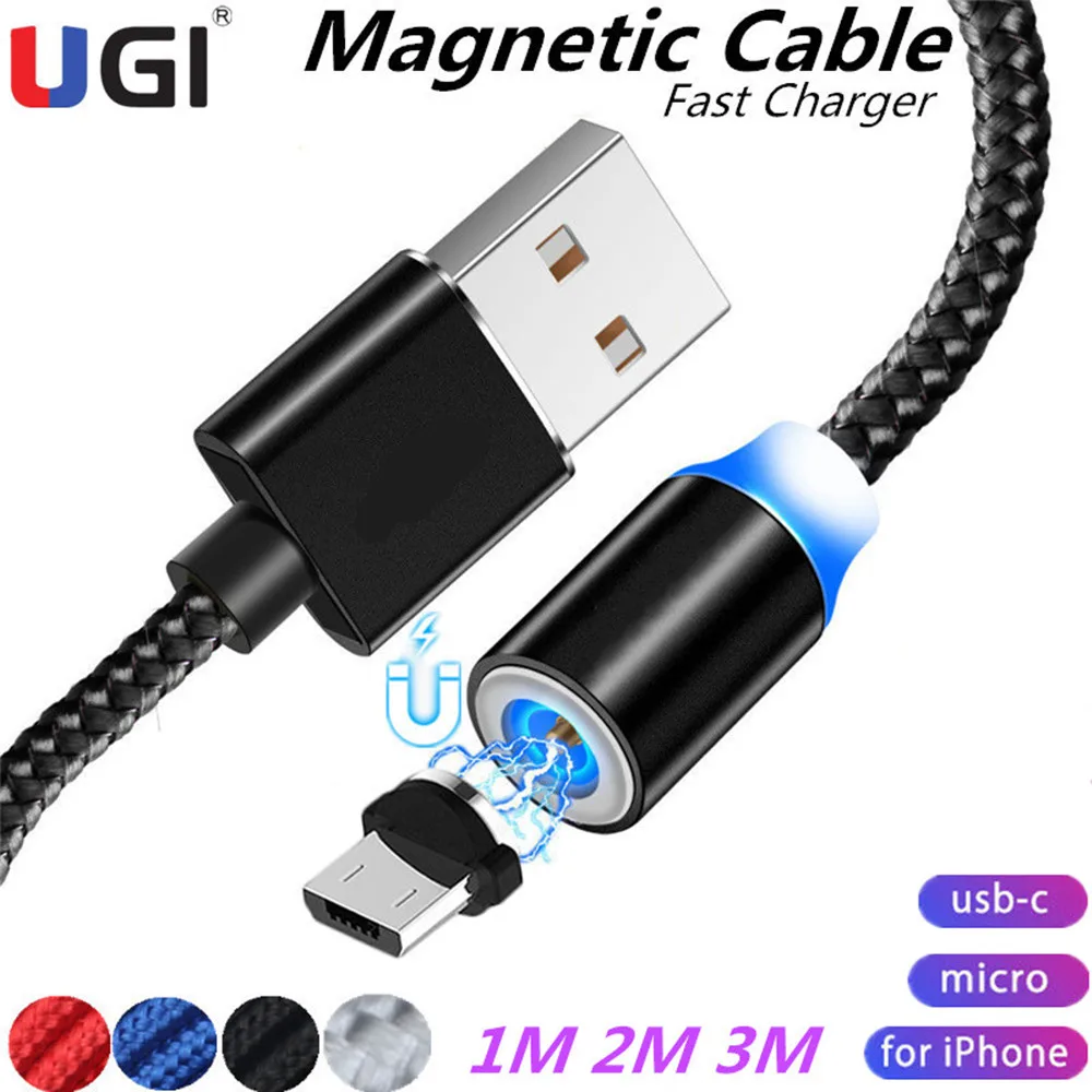UGI 3M 2M 1M СВЕТОДИОДНЫЙ Магнитный зарядный кабель USB шнур для Micro Type C IOS Lot|Кабели