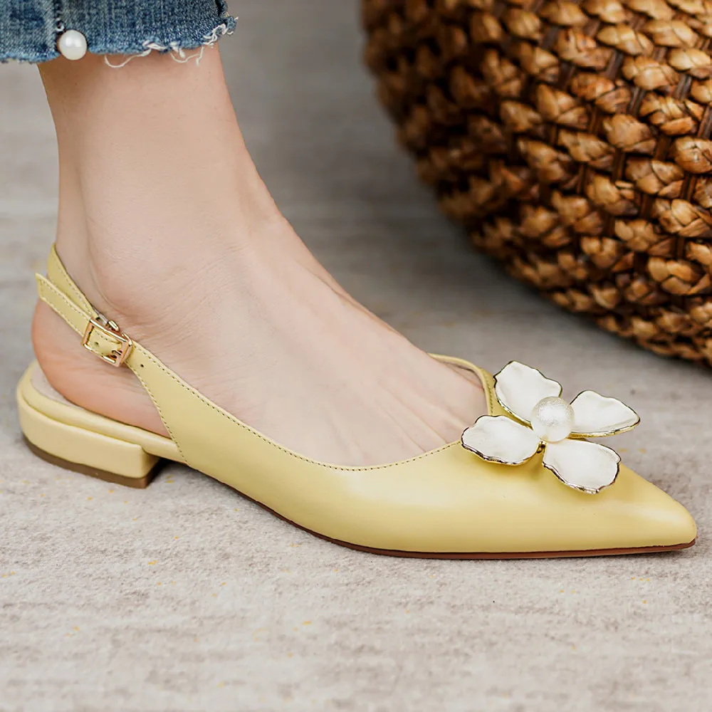 

Women's genuine leather beading flower decoration pointed toe slingback slip-on flats sandals summer casual daily footwear shoes