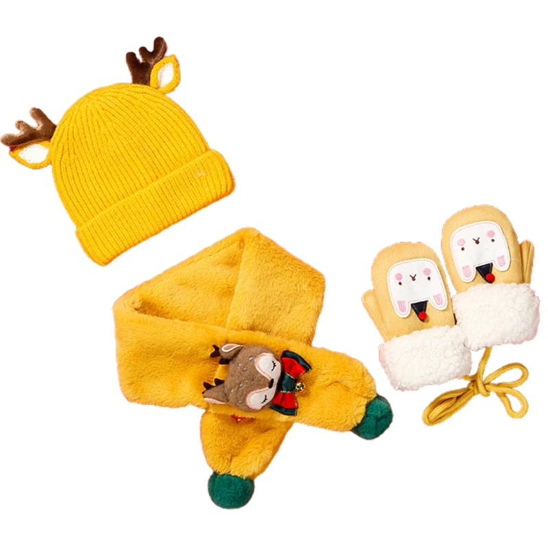 

Winter Children Hat Scarf Gloves 3Piece Set Cute Antler Wool Feel Hat Cartoon Gloves Plush Bib Christmas Gift For Kids