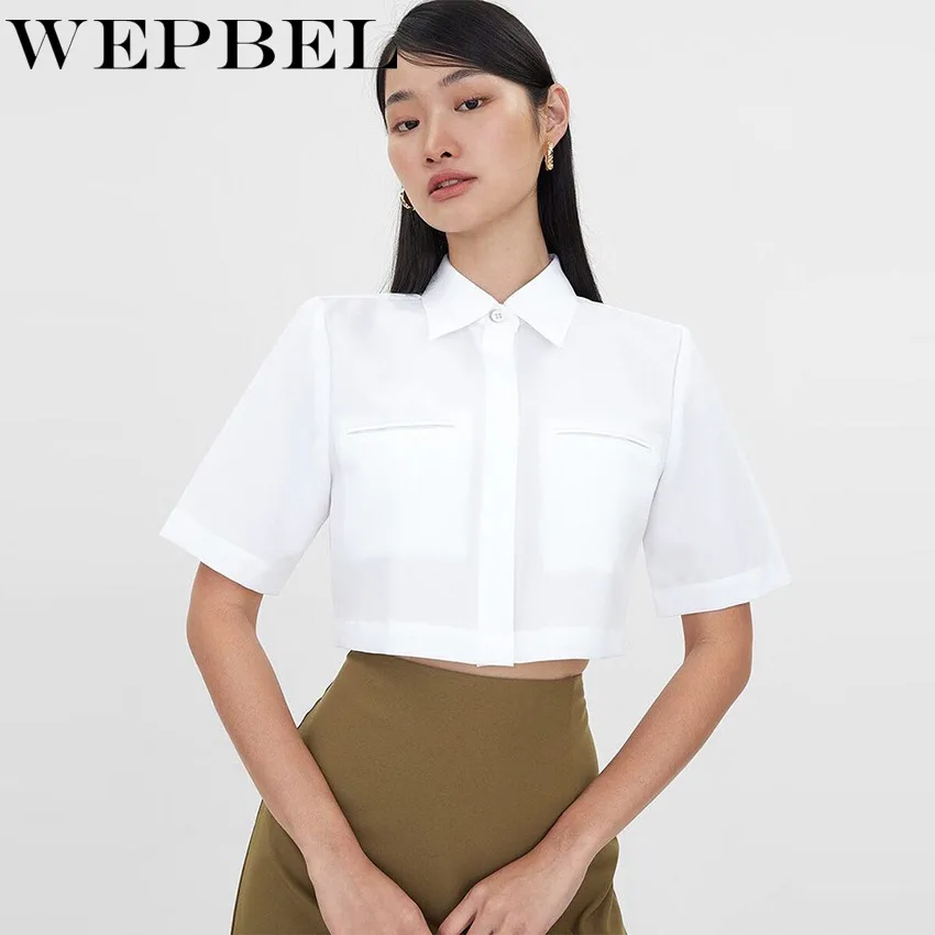 

WEPBEL Office Lady Short Sleeve Turn Down Collar Single Breasted Short T-shirt Women Elegant Spring Autumn Loose Crop Top Shirt