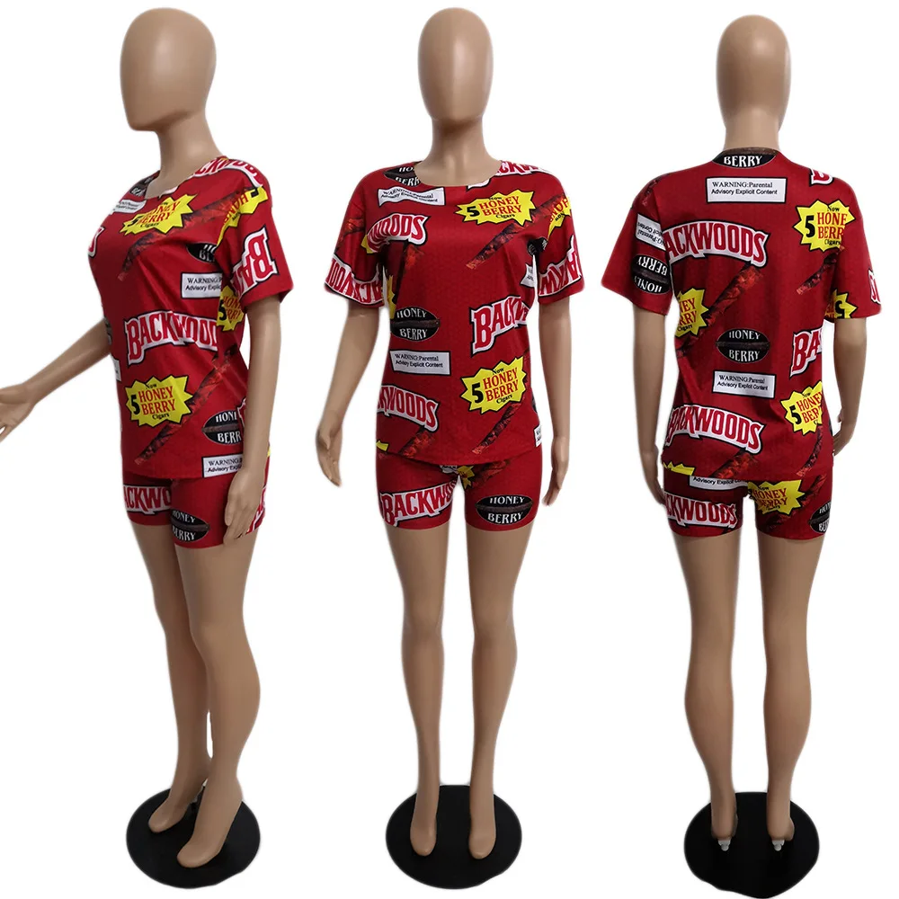 

2020 Hot sale print 2 piece set women short sleeve top and skinny shorts summer casual sports suit