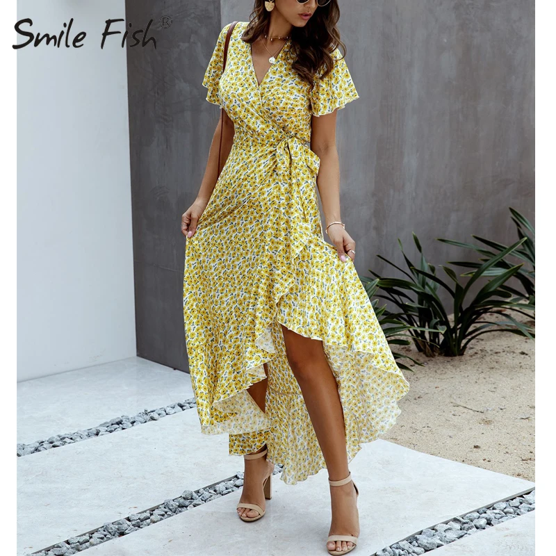 Пляжный отдых с запахом глубоким v образным вырезом и BohoPrinted Платье бантом