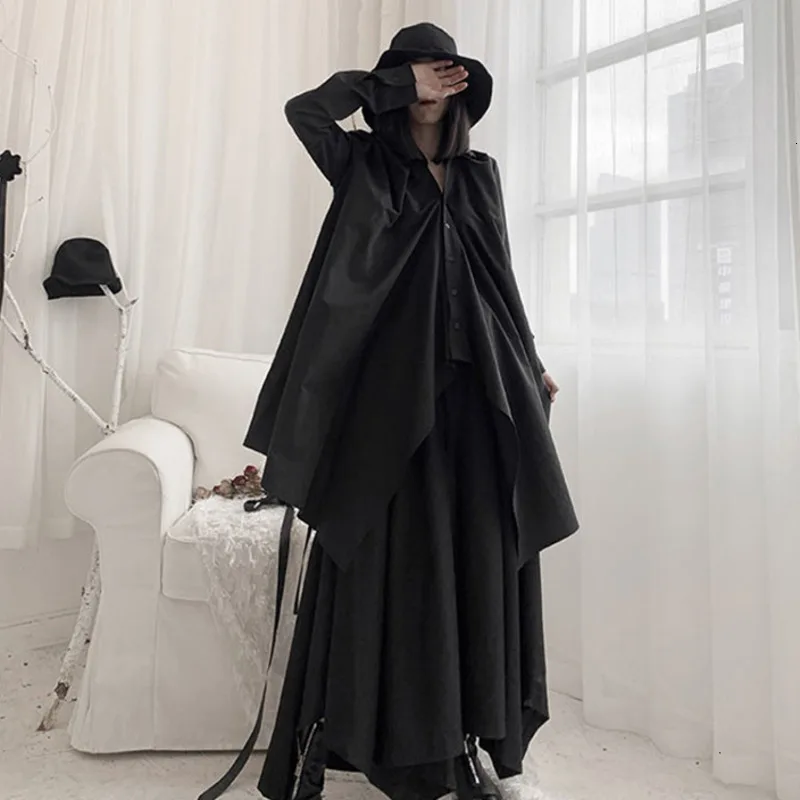 

[EAM] Women Black Asymmetrical Long Blouse New Lapel Long Sleeve Loose Fit Shirt Fashion Tide Spring Autumn 2021 19A-a536