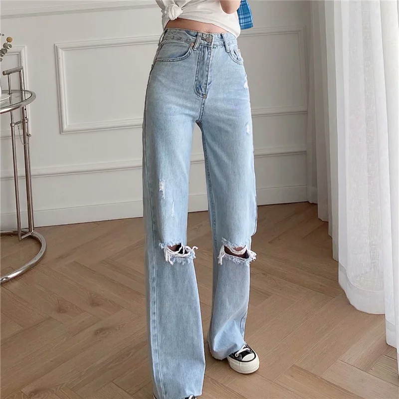 

High Waisted Cotton Denim Pants Casual Woman Light Blue Hole Jeans Spring Vintage Ladies Girls Y2k Wide Leg Pant