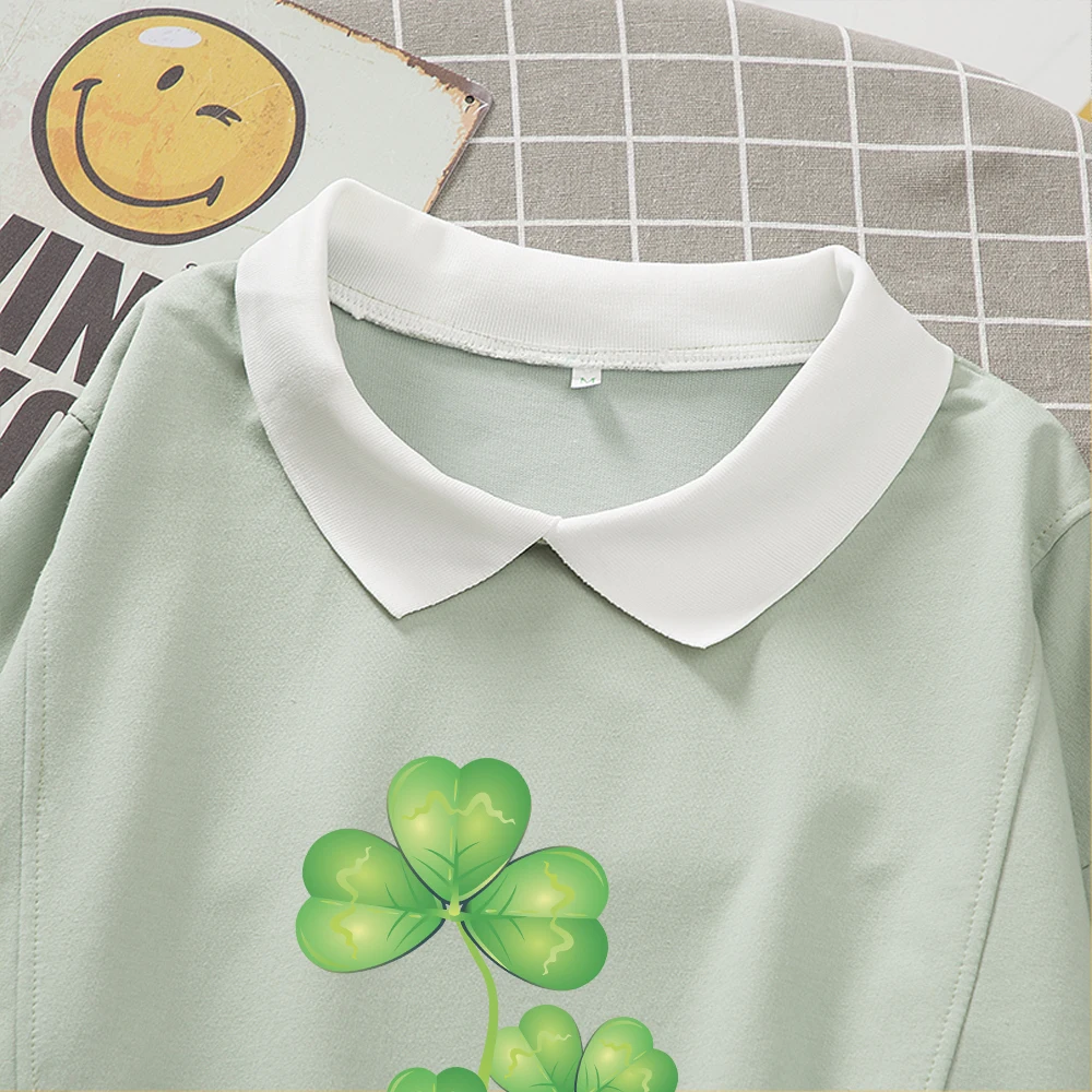 Hoodies Women Cute for Friends Harajuku Hoodie Cotton Collar Autumn Sweatshirt Plant Green Printed Sweetshirt St. Patrick's Day