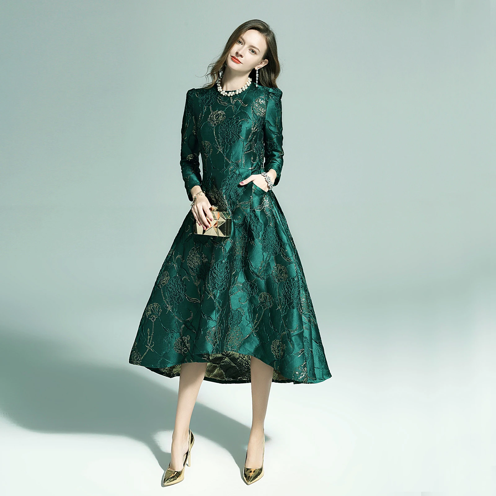Vestidos женское модное осенне-зимнее платье с длинными рукавами Вечерние Платья с цветочным рисунком элегантное жаккардовое платье в стиле знаменитостей ласточкин хвост платье