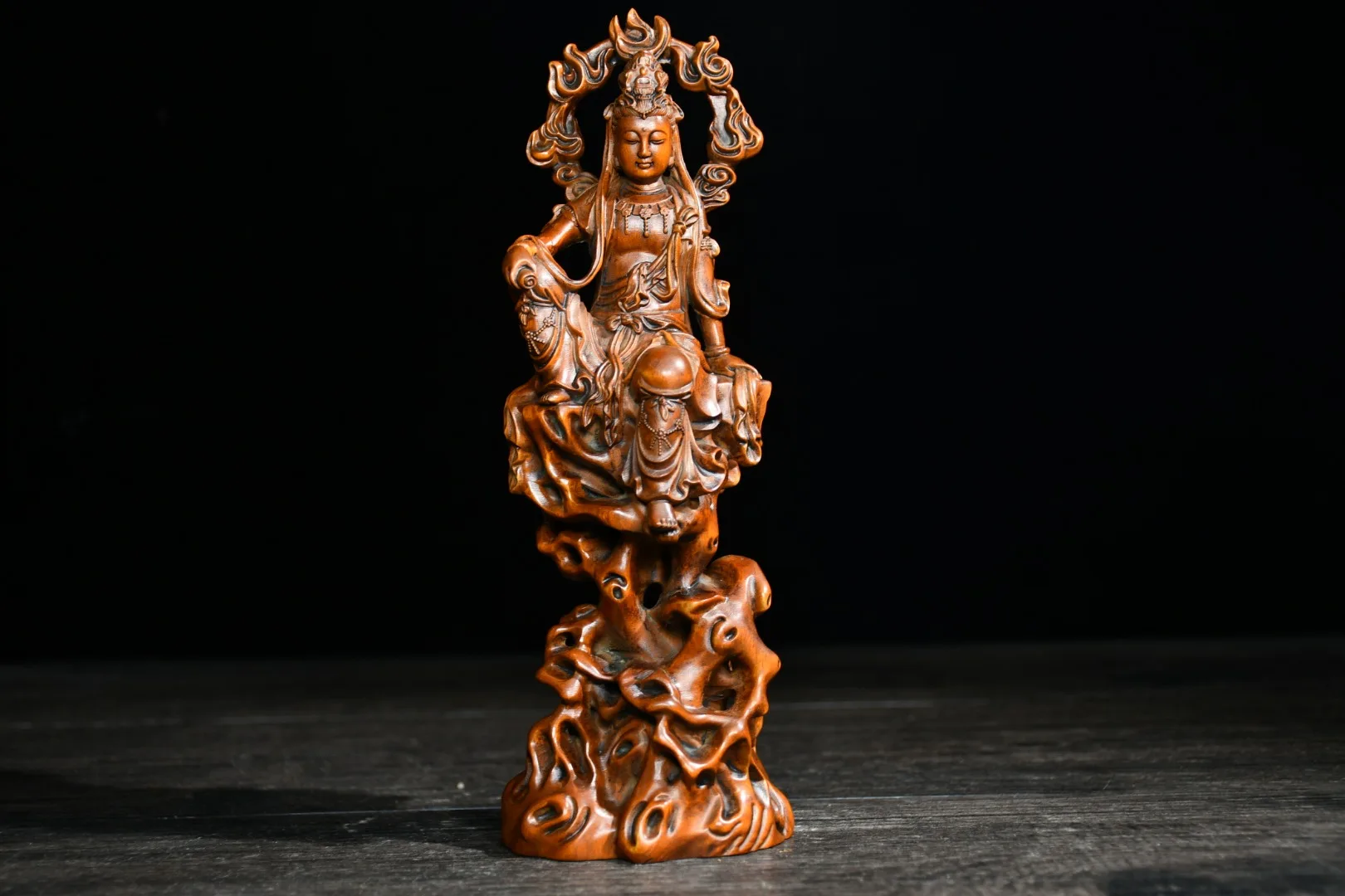 

8" China Lucky Seikos Boxwood Flame Guanyin Buddha Statue Free Avalokitesvara Sitting Buddha Enshrine the Buddha