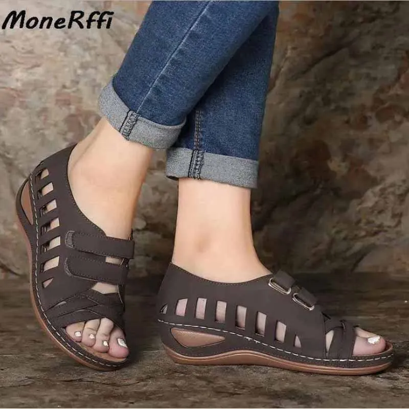 

Women's Sandals 2021 Summer Fashion Leather Heels platform Casual Female Platform Retro Shoes Wedge Sandals Soft Shoes
