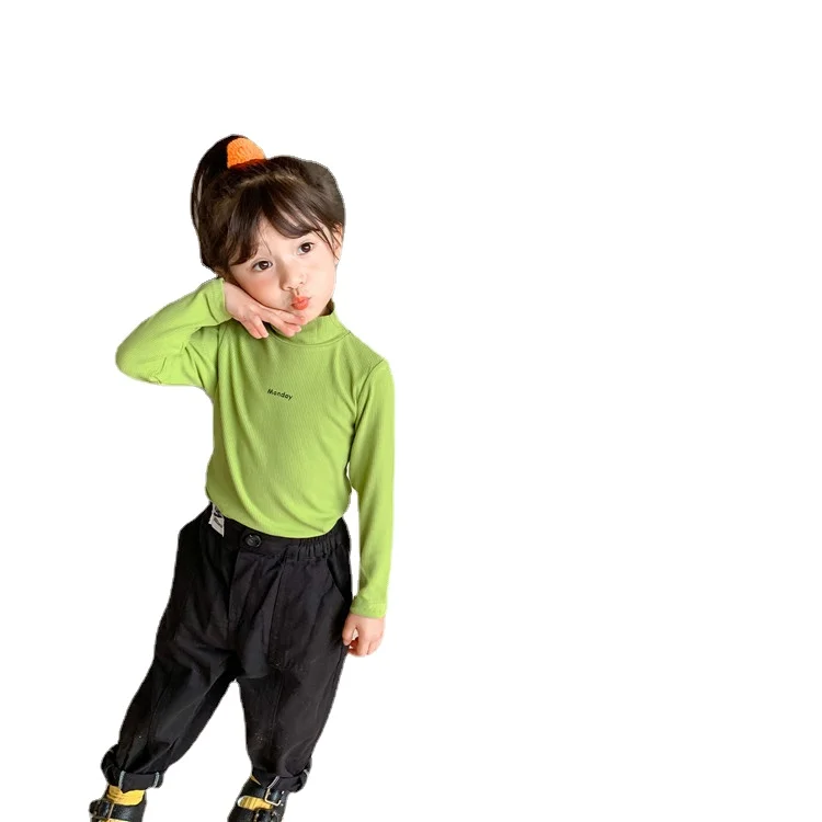 

Autumn New Top 2021 Children's Korean Half High Collar Girls and Boys Letter Cotton Comfortable Elasticity Long Sleeve T-shirt