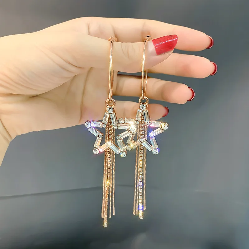 

Five-pointed star earrings Korean temperament long tassel earrings exaggerated rhinestone earrings personality earrings
