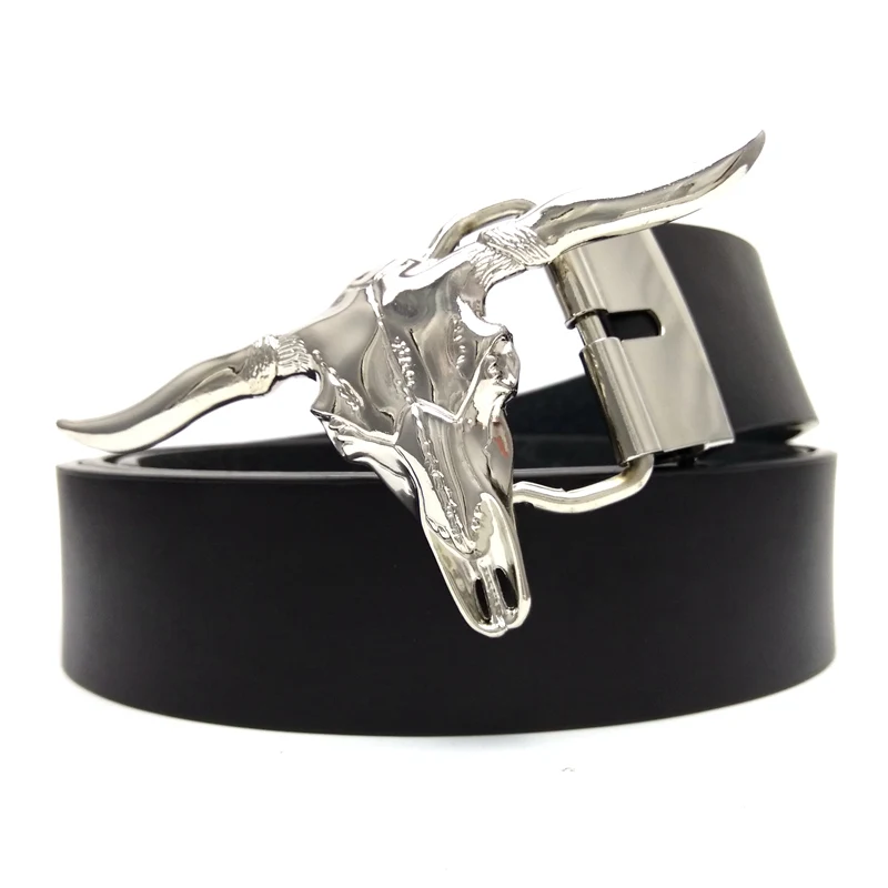 Male Accessories Cowboy Belts for Men Silver Longhorn Cow Head Skull Belt Buckle Black PU Leather Belt Men