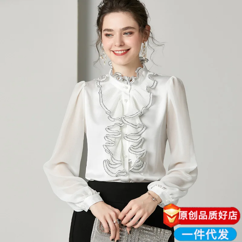 

white pleated lotus flower palace women mulberry silk blouse high quality long sleeve sexy fashion office casual dress shirts