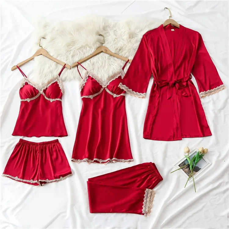 

5PCS Pajamas Suit Sexy Kimono Robe Gown Women Sleep Set Lady Satin Lace V-Neck Casual Nightwear Casual Loose Home Clothing