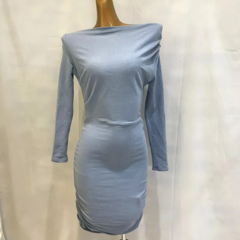 

Korean Pleated Long Sleeve Slash Neck Sexy Strapless Temperament Slim Waist Mini Dress Women's Tight Bottom Dresses S374