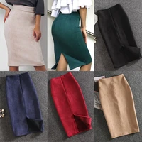 10 colors women skirts plus size knee length pencil skirt female vintage suede split skirts jupe femme faldas mujer