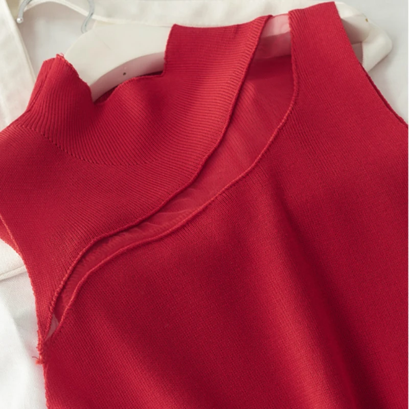 

Autumn Elegant Sleeveless Pull-over A-line Midi Knitted Dress High Collar Hollow-out Flared Pleated Knee Length Knit Dress