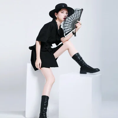 

2020 Punk Summer Black And White Ruffled Girdle Waist Closure Two-wear Irregular Dress French Shirt Dress