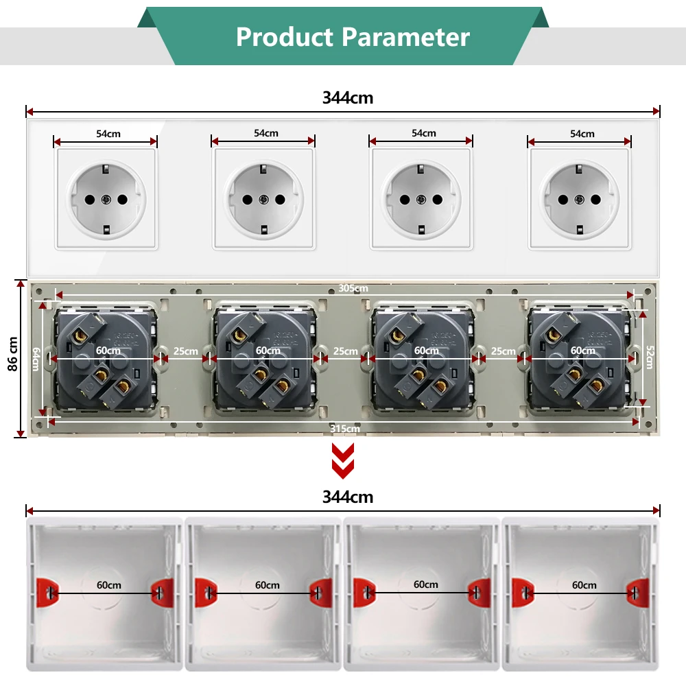 Настенная розетка из закаленного стекла 16 А AC110-250V дюйма 172/258/344/430*86 мм |