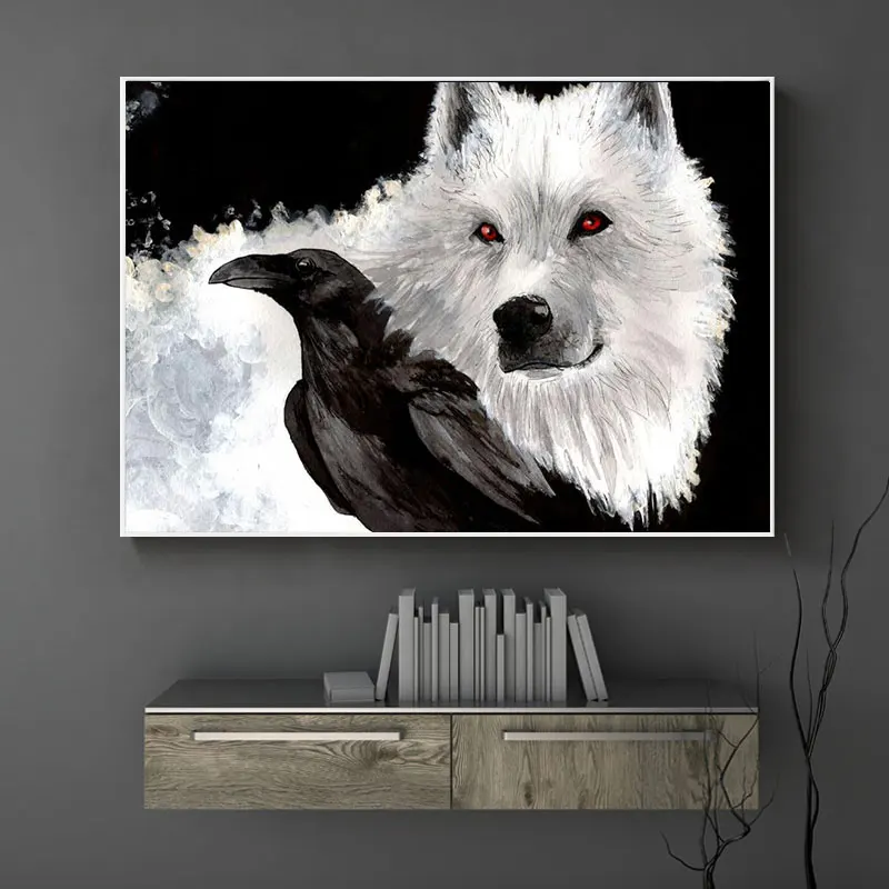

Fashion Black Crow White Wolf Canvas Painting Animal Wall Art Posters and Prints Pictures for Living Room Home Decoration