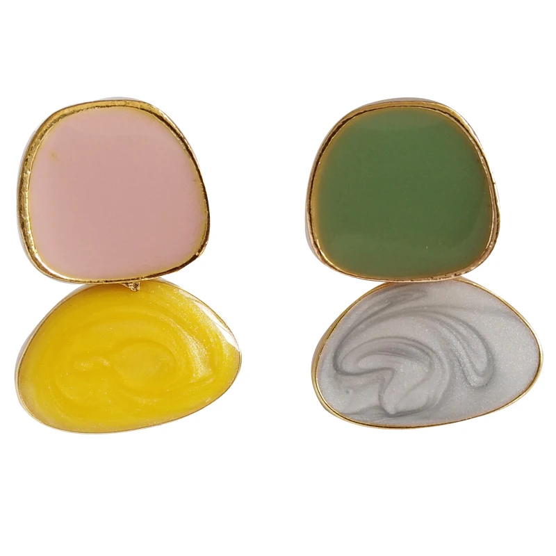 

New Asymmetrical Earrings Fashion Jewelry Metal Alloy Golden Plating Enamel Pink Green Grey Yellow Drop Earrings For Girl Gfts