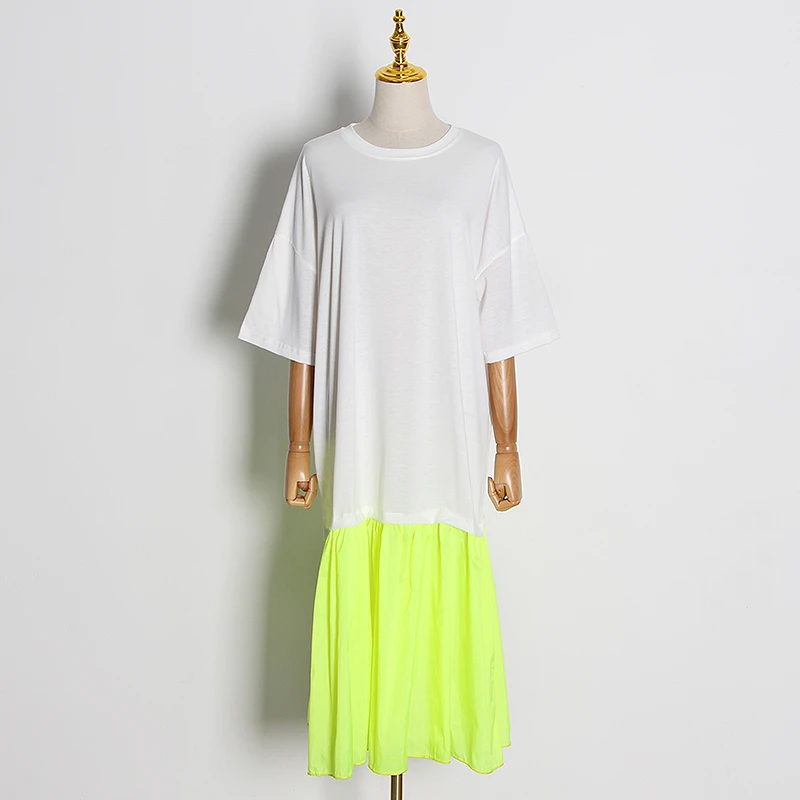 Женское повседневное миди платье TWOTWINSTYLE летнее белое лоскутное с круглым