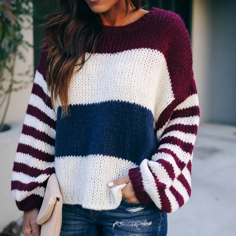 

Oversized Color-block Ladies Sweater Women Autumn Winter Tops 2021 New Knitted Pullovers Knitwear Loose Striped Sweaters Female