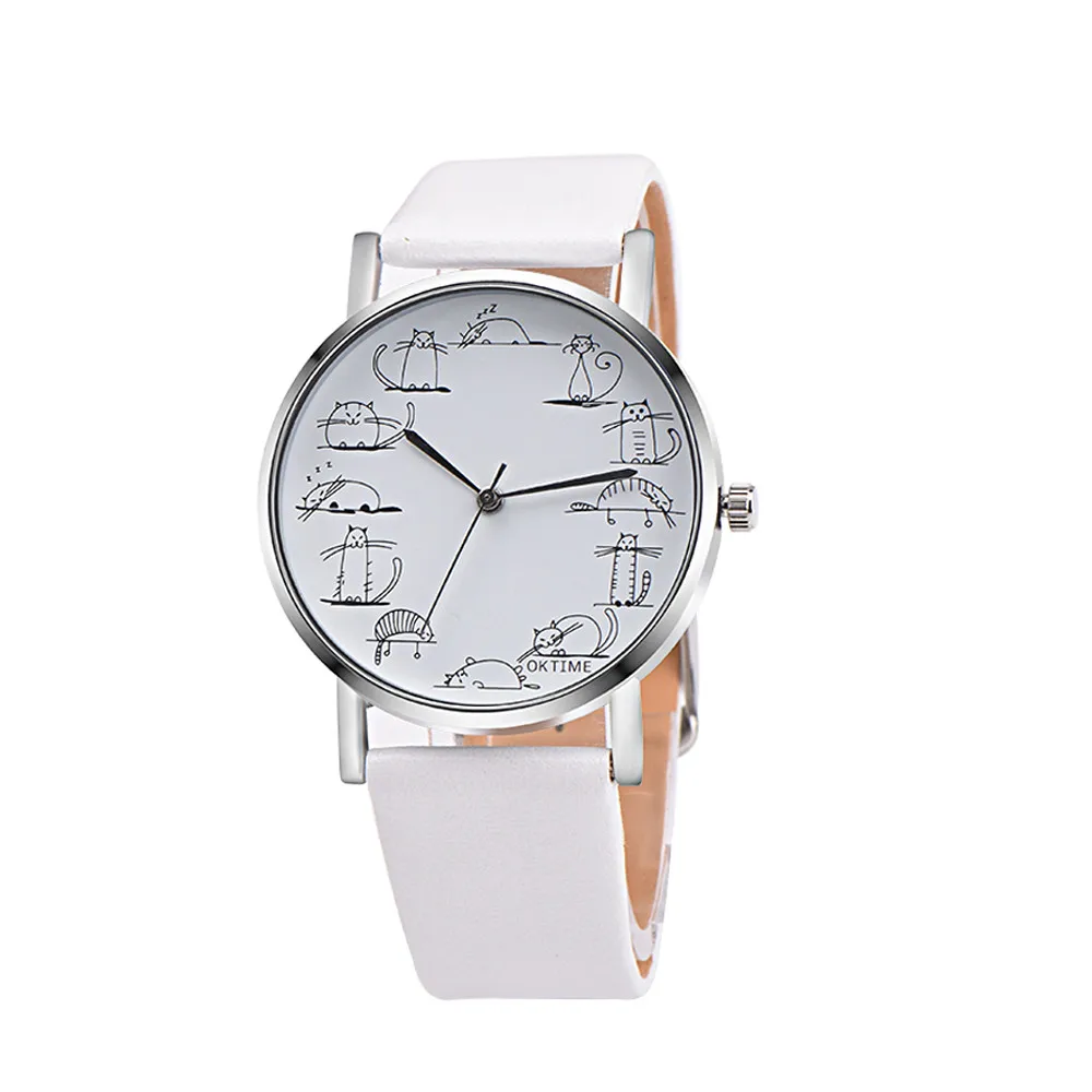 

Creative Womens watch Retro Design Lovely Cartoon Cat pattern Leather Band Analog Alloy classic Quartz watch Bracelet watch
