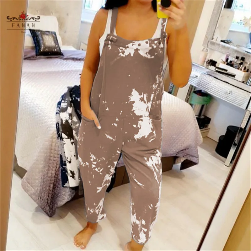 

Women Sleeveless Straight Playsuits Straps Rompers High Waist Wide Leg Pants Jumpsuit Tie-dye Casual Solid Color Ladies Overalls