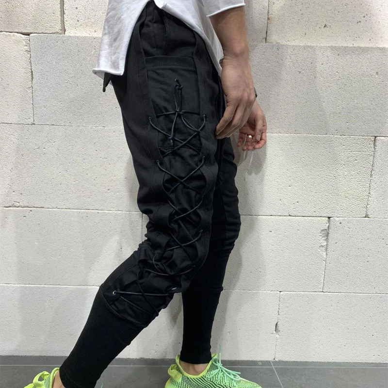 

New Casual Joggers Pants Cargo Solid Side Lace Up Cross Bandage Long Pencil Pant Slim Stretch Trousers Streetwear Men Leggings