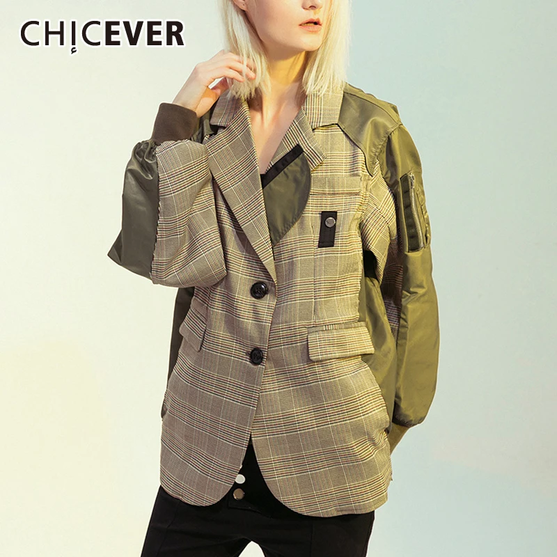 

CHICEVER Casual Loose Patchwork Coat For Women Lapel Long Sleeve Plaid Hit Color Streetwear Coats Female Fashion Clothing Autumn