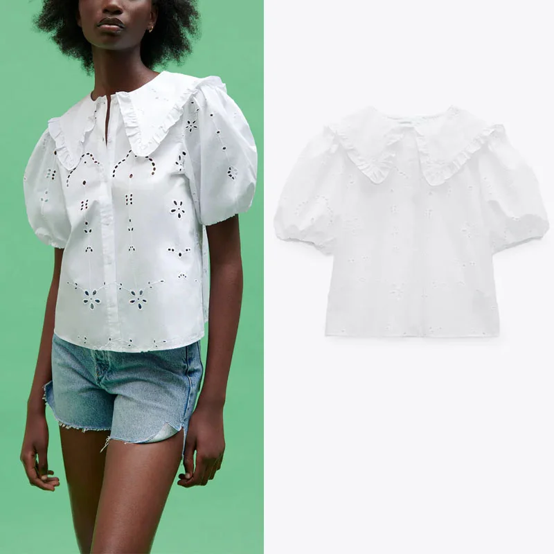 

Za 2021 Eyelet Embroidery Poplin Tops Women Peter Pan Coller Short Puff Sleeve Shirts Summer Casual Button Up Office Ladies Top