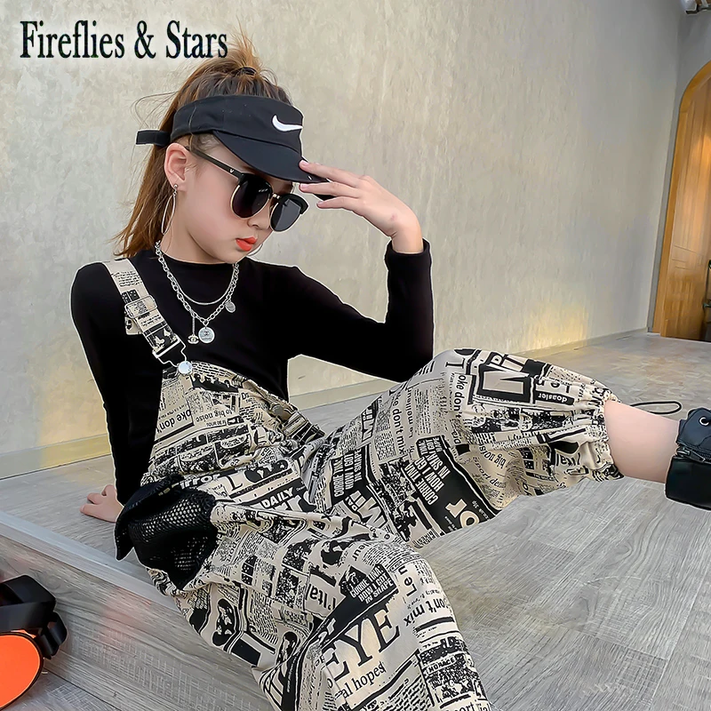 Весенне-осенний комплект из 2 предметов для девочек футболка + штаны на подтяжках