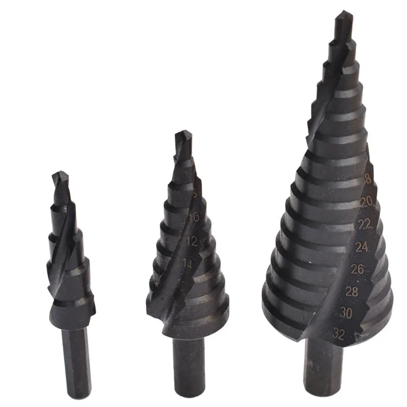 

High Speed Steel Nitrided Spiral Pagoda Drill Bit 3pcs Black Triangle Shank Step Drill Bit Metric Step Drill Bit Set