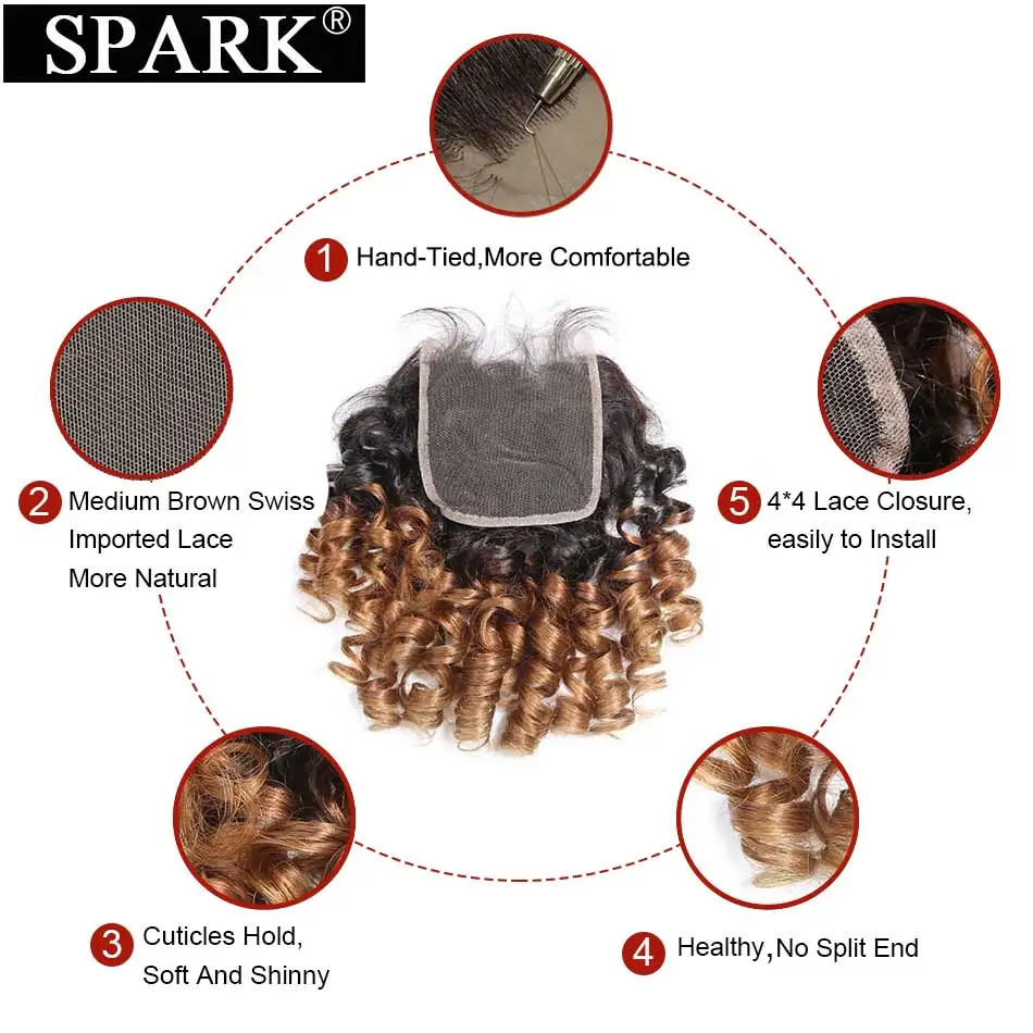 Spark Human Hair Ombre Brazilian Bouncy Curly 3 Bundles With Closure 100% 1B/27 &amp30 For Black | Шиньоны и парики