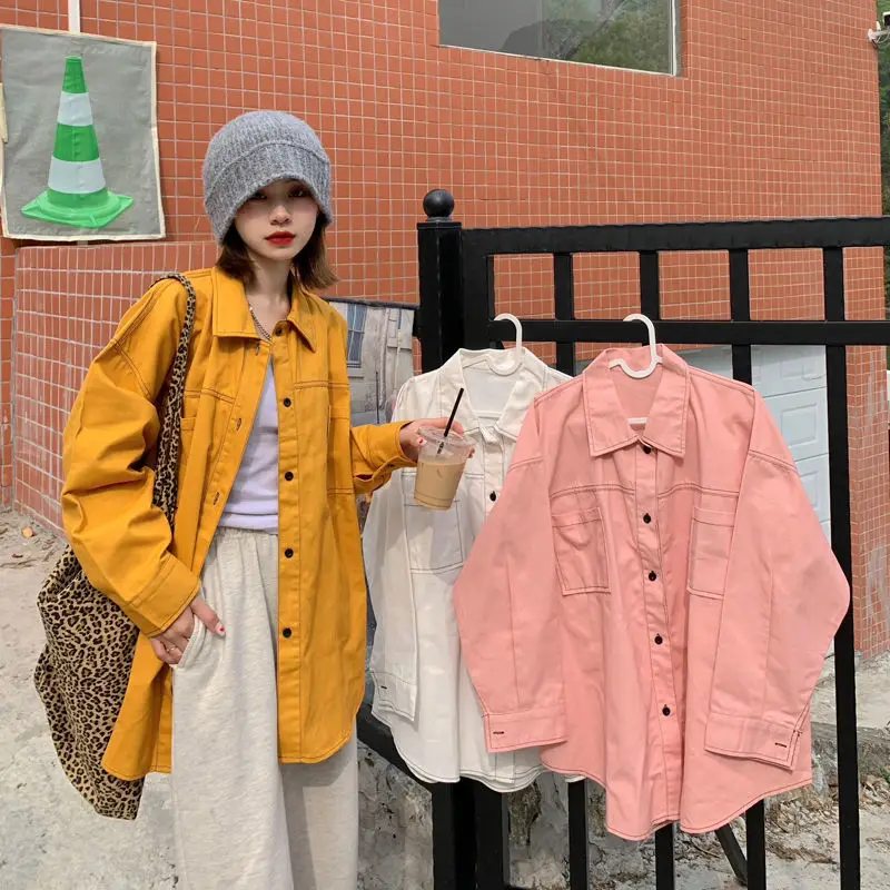

Oversized Long Sleeve Button Up Shirt Blouse for Women Ladies Yellow Pink Fall Clothes Blusas Collared Tops Clothing 2021