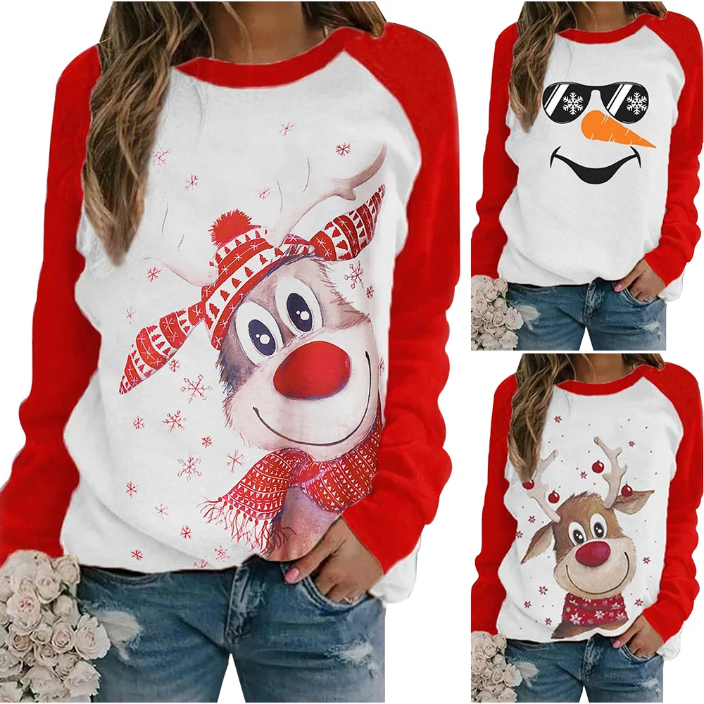 

Woman Tshirts Snowman Glass Printed Christmas Clothing Autumn Winter Long Sleeve Ladies Tops Casual Female Clothes 5XL