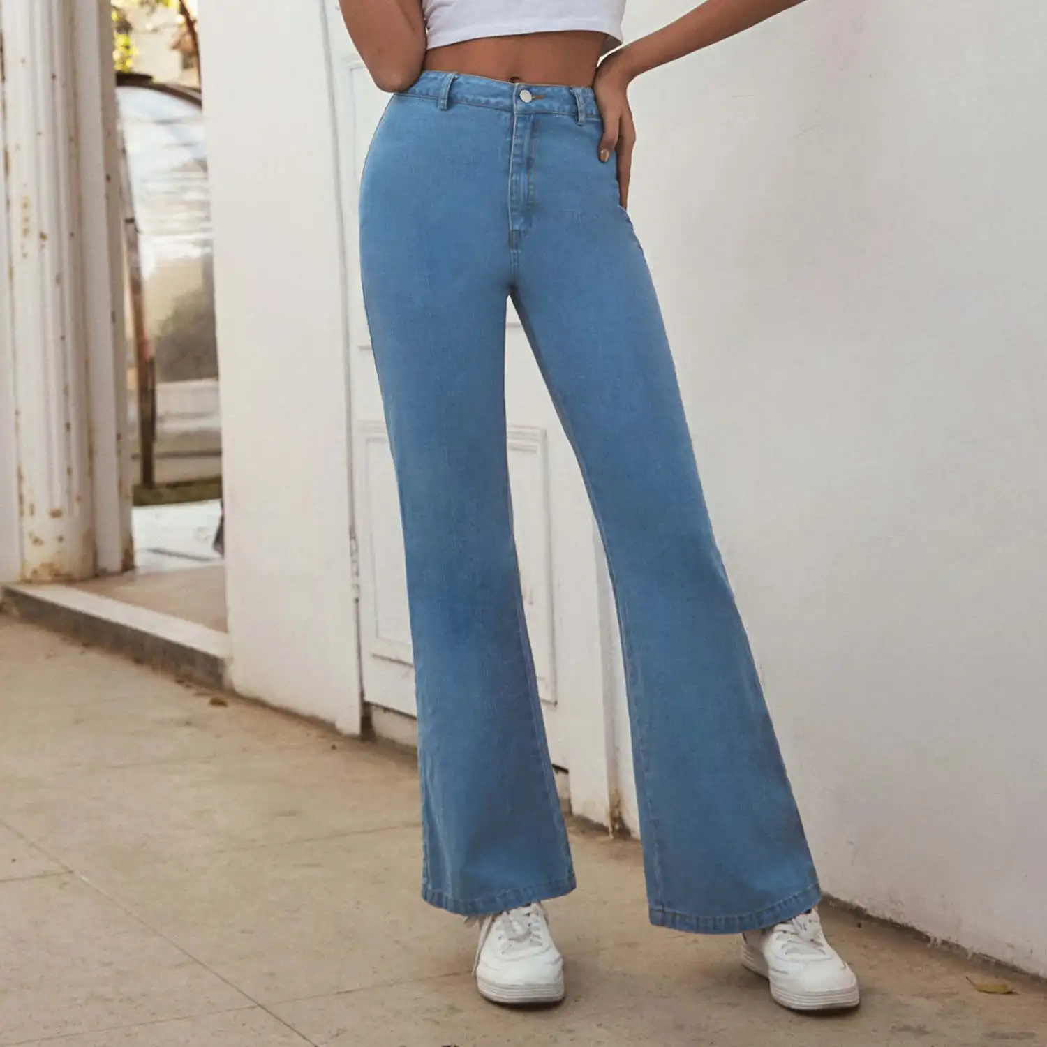 

Blue High Waist Women Jeans European and American Retro All-Match Denim Trousers Casual Boot Cut Pant