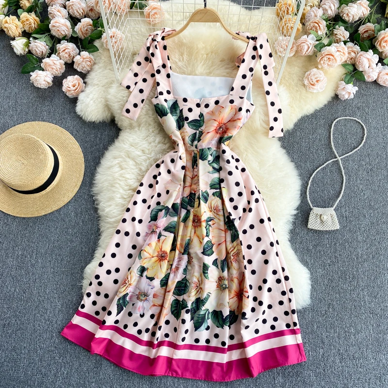 

Summer Fashion New Runway Designer Spaghetti Strap Print Dot Floral Holiday Dresses for Women 2021 Backless Casual Party Vestido