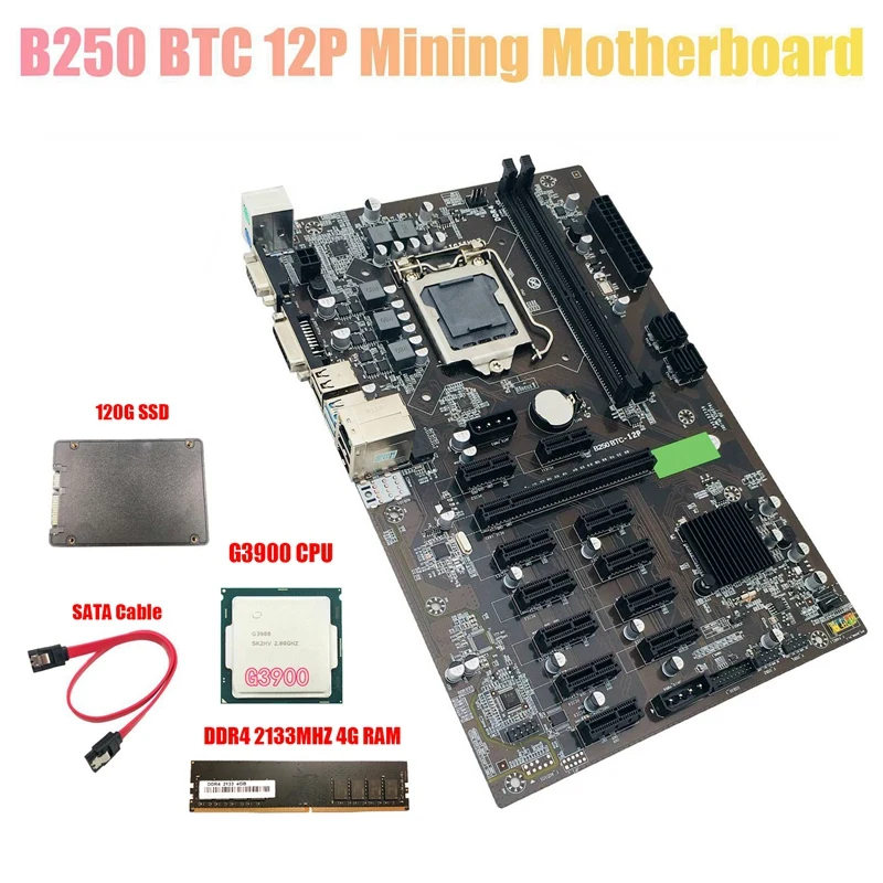 

B250 BTC Mining Motherboard with G3900 CPU+120G SSD+DDR4 4GB 2133Mhz RAM+SATA Cable LGA 1151 12XCard Slot for BTC Miner