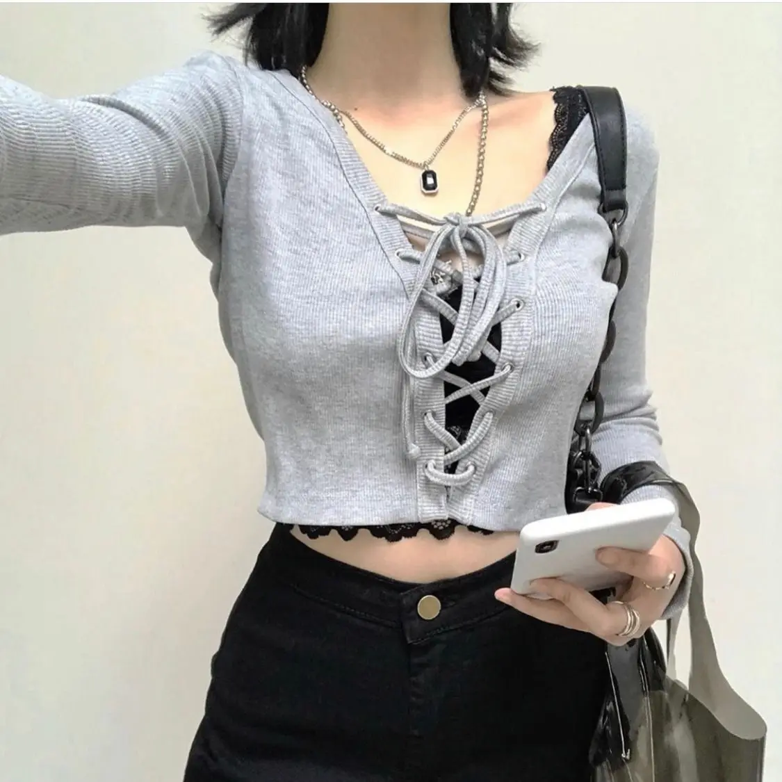 

Woman Sweaters Pull Hiver Short Lace-up Thin T-shirt High Waist Top for Women Summer Femme Chandails